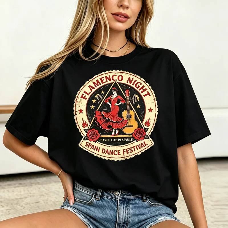 Camiseta de Verano con Estampado de Flamenco de Sevilla para Mujer, Estilo Vintage, Diseño Español, Informal, Holgada, de Manga Corta, para Viajes, Fiestas, Uso Diario, Estilo Y2K