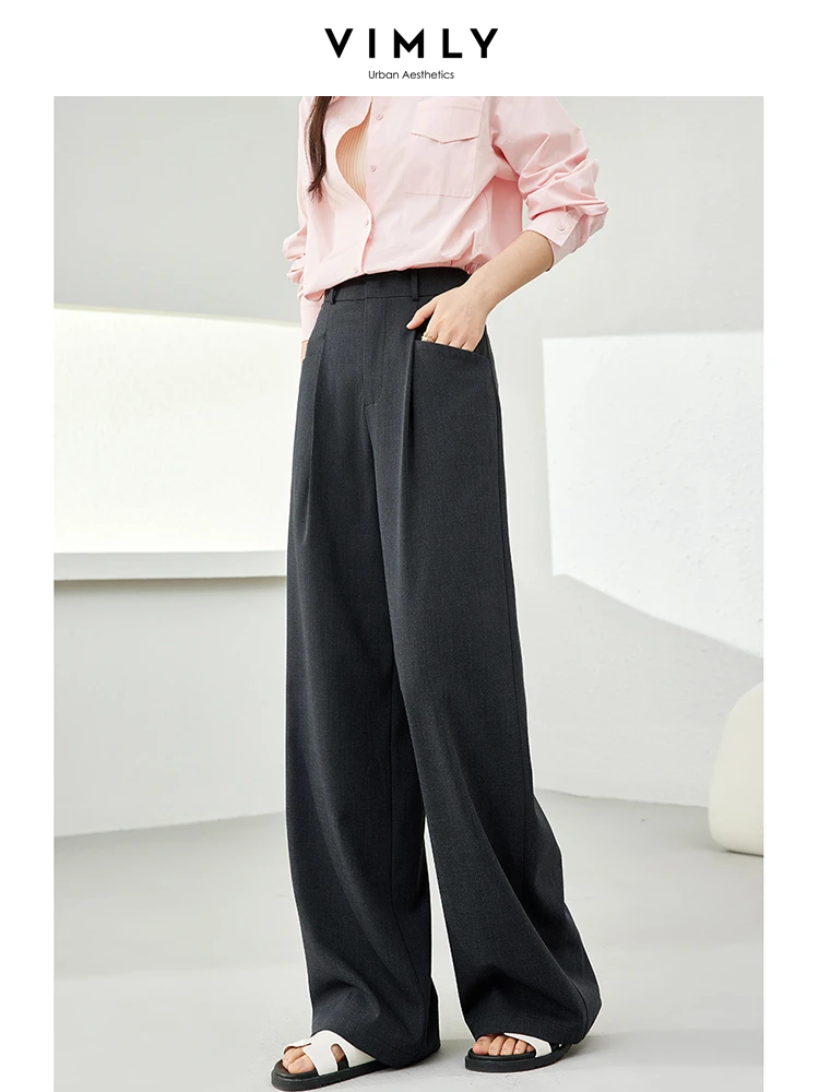 VIMLY High Waist Draped Suit Pants Spring/Autumn New Straight Loose Simple Workwear Trousers Wide Leg Female Suit Pants M5968