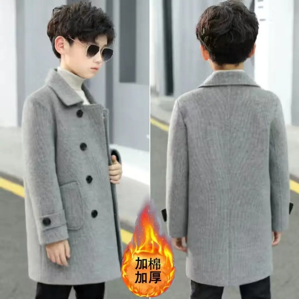 Cotton thickened boy's woolen coat 2024 spring  new children's clothing large children's woolen coat children's trench coat