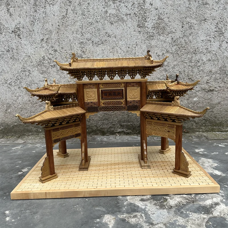 

Wood carving ancient architectural model archway living room office study ornament gift