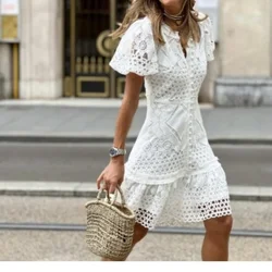 White Dress Women Lace Floral Mid Length Dresses Casual Slim Bodycon V Neck Short Sleeve Party Hollow Out A Line Vestidos 2024