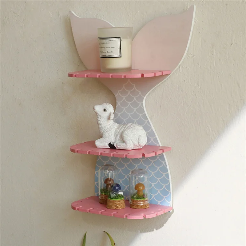 75STO-Wooden Colorful Fishtail Shelf Crystal Wall Shelf Home Bedroom Decoration