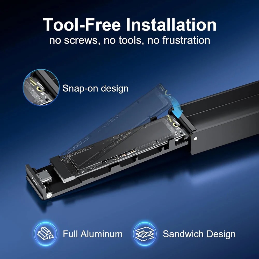 Obudowa FIDECO M.2 NVMe SATA SSD, aluminiowa, adapter M2 NVMe na USB z wentylatorem chłodzącym, obsługa UASP i Trim, instalacja bez użycia narzędzi. — zdjęcie produktu 4