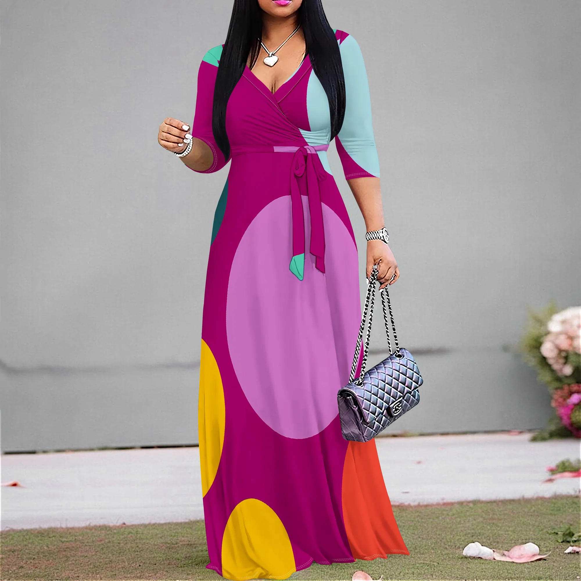 

Women's Boho Beach Party Maxi Dress 2025 Summer New Arrival V-Neck Half Sleeve Color Block Wrap Dress XS-3XL