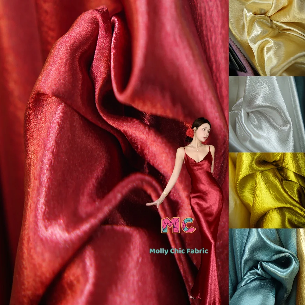 

Golden shiny double-sided satin crepe soft fabric, flowing down designer sewn dresses stage costumes high-end fabrics