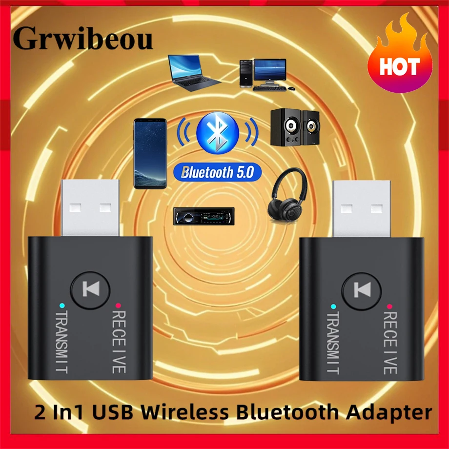 GRWIBEOU Transmisor y receptor de audio Bluetooth 5.0 con AUX/RCA/USB de 3,5 mm, adaptador estéreo inalámbrico para automóvil/TV/altavoz/auriculares