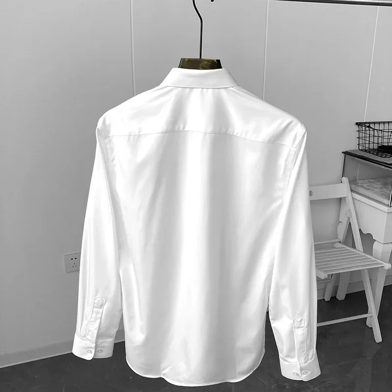 Cotton Lyocell Men Dress Shirts Men\'s Business Casual Long Sleeve Shirt Simple Luxury Loose White Light Blue Top Ropa Hombre