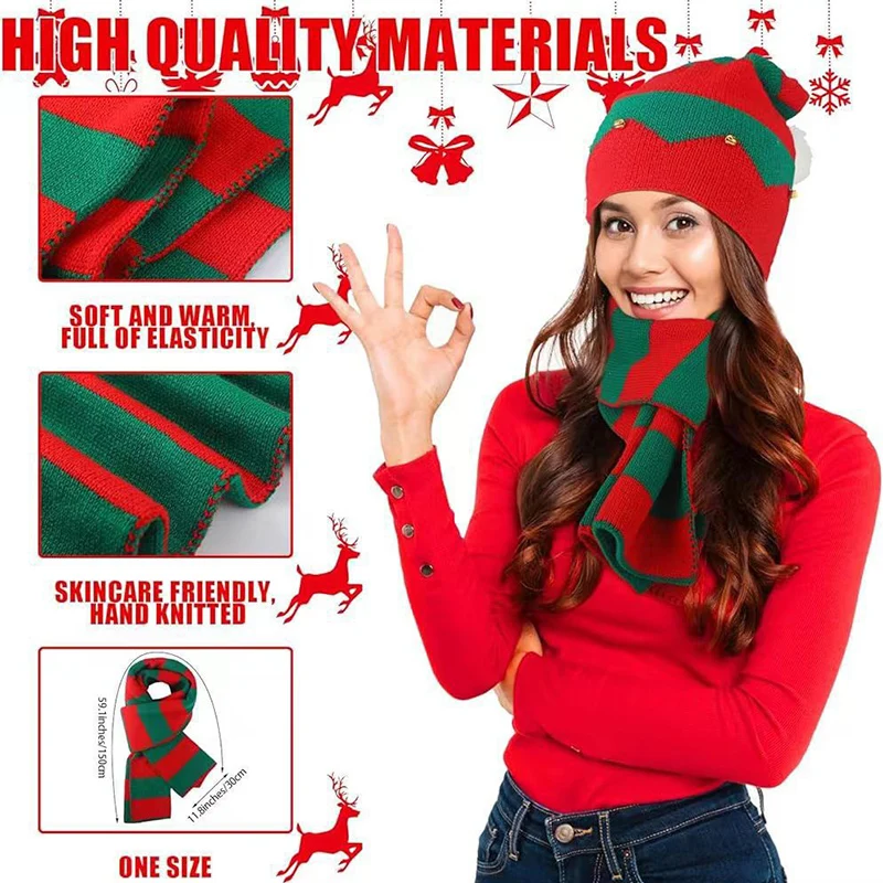 New Christmas Knitted Hat Scarf Set Bell Decoration Set Headcap Red Atmosphere Striped Knitted Hat Christmas Gift