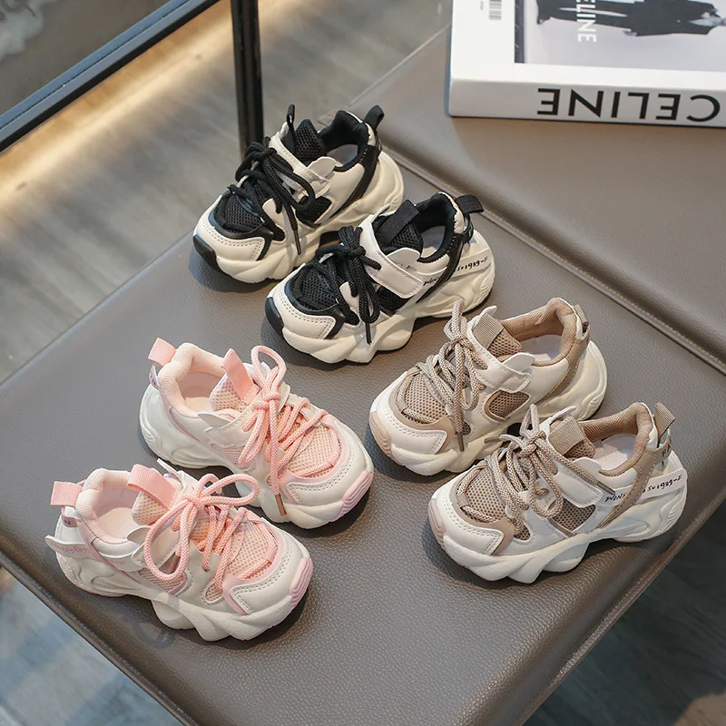 

Kids'Casual Shoes Color Blocking Lace-up PU Leather Fashion Spring Shoes For Children Anti-slip Black Pink Shoes Size 21-30
