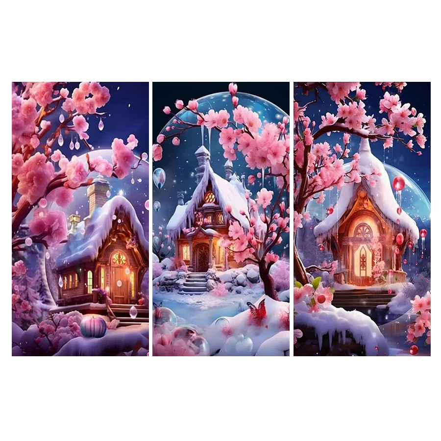 Diy 5D Diamond Painting Large Size Snow House Mosaic Embroidery Kits Full Rhinestone Picture Pink Flower Wall Decor AA5105