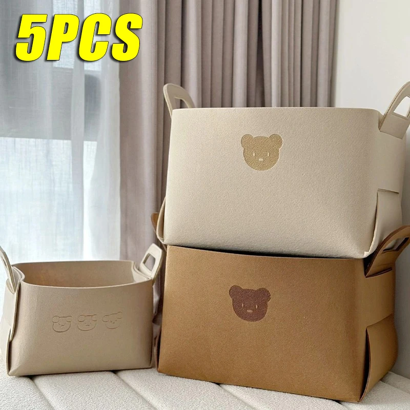 5PCS Bear Felt Storage Basket Large Capacity Foldable Clothes Organizer Snacks Toys Storage Basket Desktop Sundry Organizer