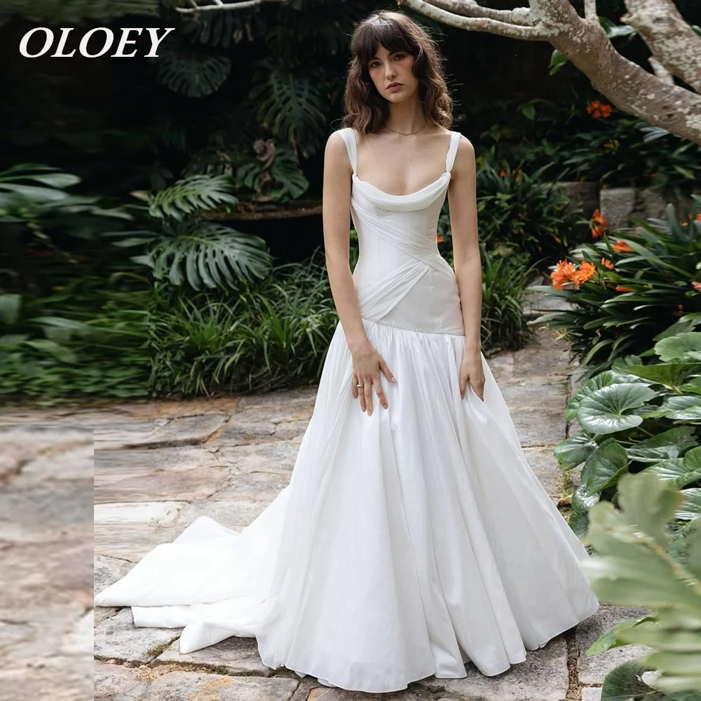 OLOEY Elegant Mermaid Spaghetti Straps Wedding Dress Sleeveless Pleat Long Bridal Gown Customized Buttons Sweep Train Back