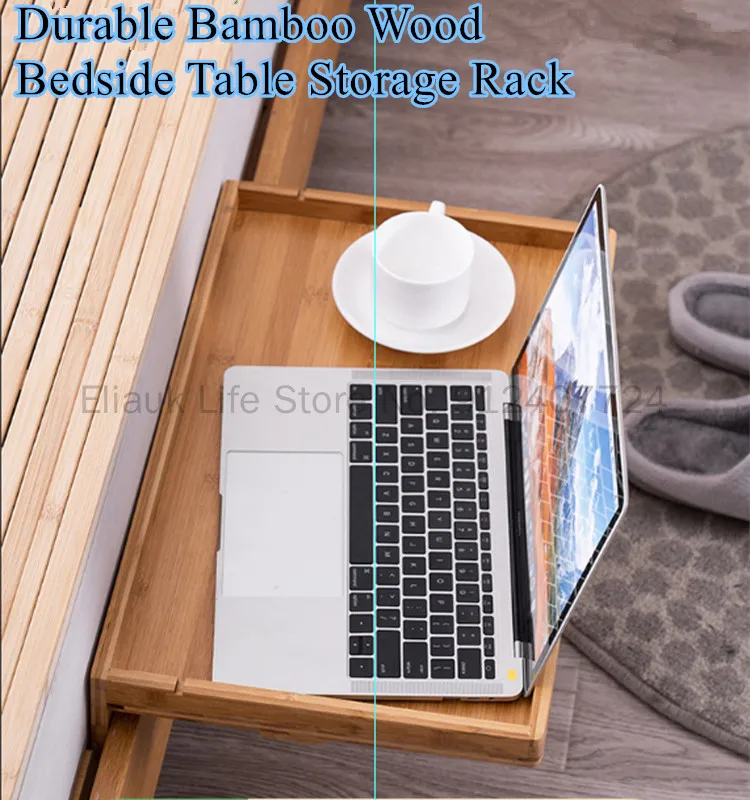 Durable Bamboo Wood Bedside Table Storage Rack Bed Side Tray For Laptop Phone Drink Book Adjustable Bathtub Tray Caddy Shelf