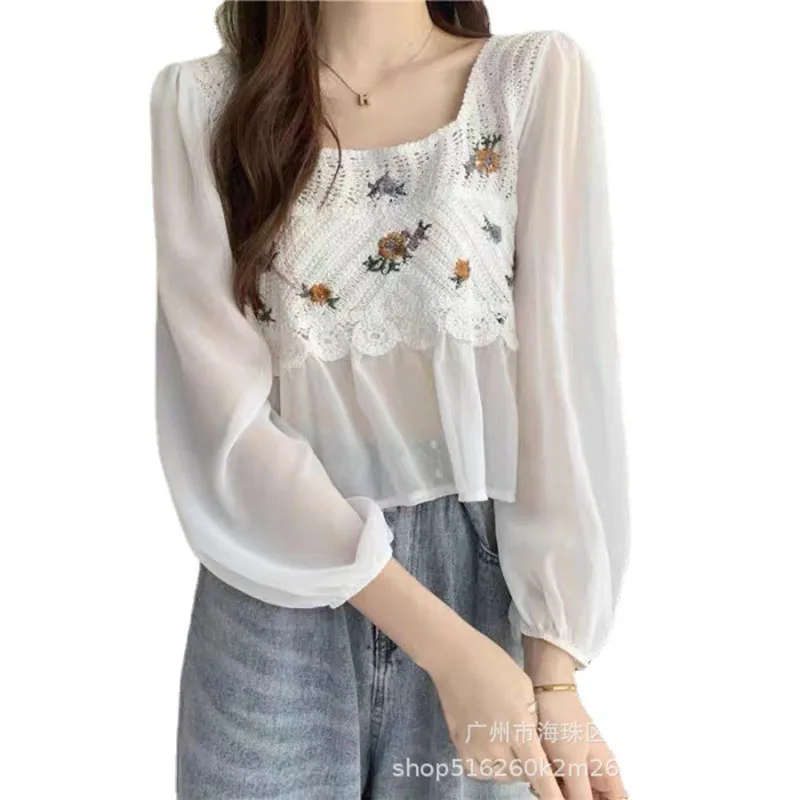

Women Blouse square neck niche chiffon shirt women elegant embroidery fashionable crochet long-sleeved shirt top trendy Shirts