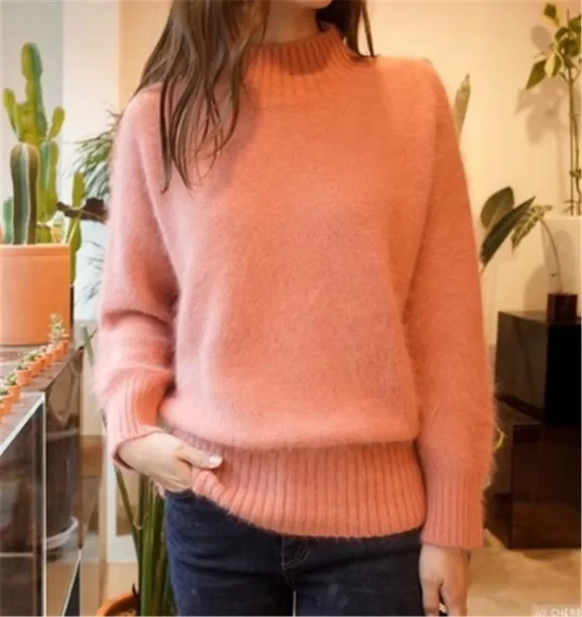 JSXDHK New Korean Women Knitted Sweater Autumn Winter Yellow Mink Cashmere Soft Warm Pullovers Casual Loose Stand Collar Tops