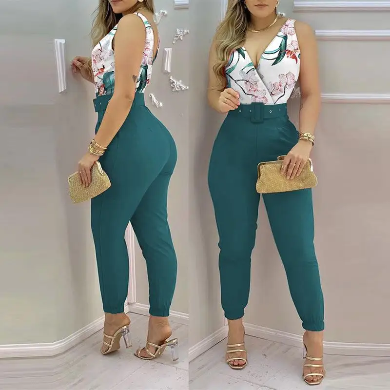 

Floral Print High-Waisted Long Jumpsuit with Waist Belt Included Svel Women's Spring Faion Commute Polyester Fiber