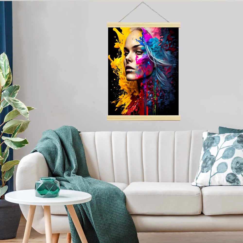 1pcs 2D Flat Reusable Classic Rectangle Scroll Canvas Painting Poster Hanger Wall Art,Pink Lips with Diamond Ring, Abstract Art view 3