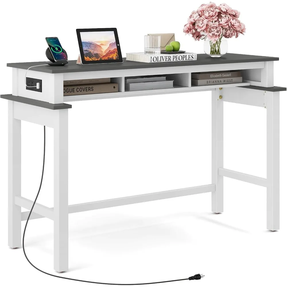 

Bar Table with Charging Station, 36” Counter Height Table w/ 3 Storage Compartments, Power Outlets, Modern Farmhouse Console