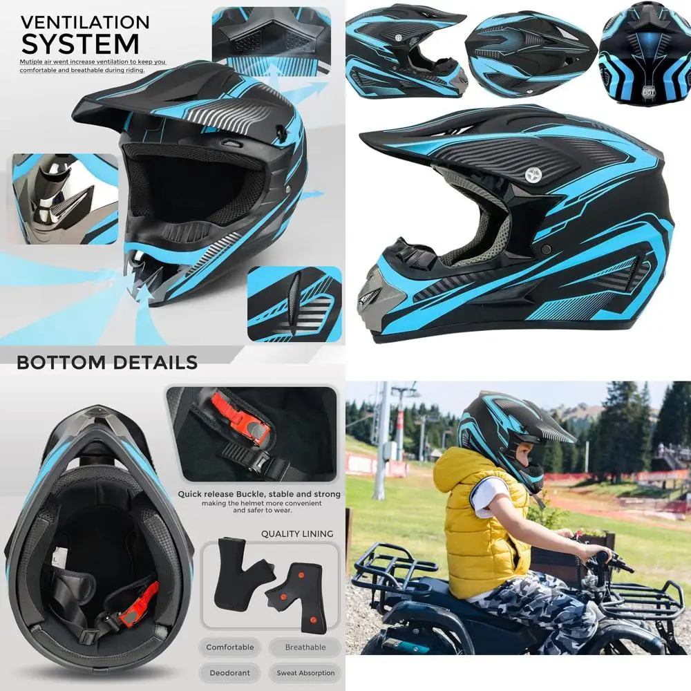 

Youth ATV Dirt Bike Helmet with Gloves, Goggles, and Mask - DOT Certified, 4-Piece Set for Off-Road Riding (Blue, Size S)