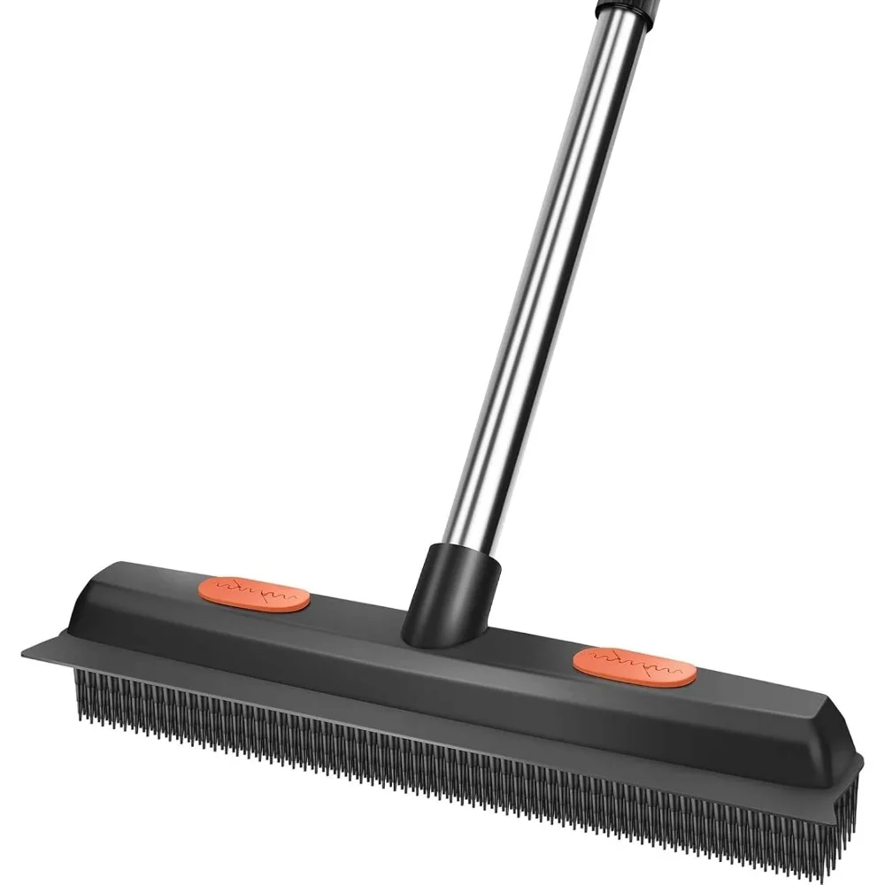 

Pet Rubber Broom with 49" Long Handle, Lint Fluff Remover for Carpet, Hardwood, Tile & Window Cleaning, Portable Black