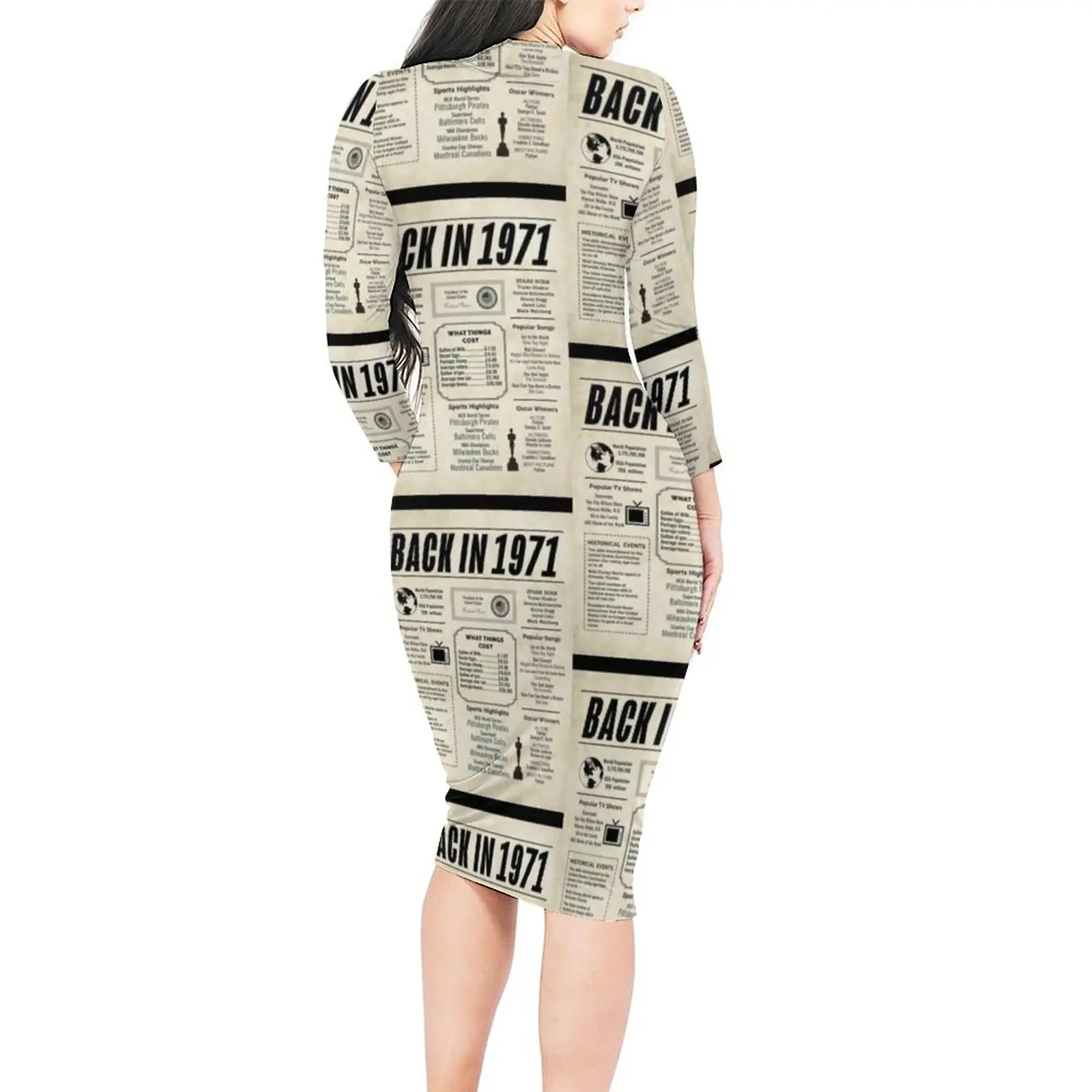 Newspaper Print Dress Long Sleeve 1971 Story Events Fashion Dresses Spring Retro Bodycon Dress Women Design Oversized Vestido