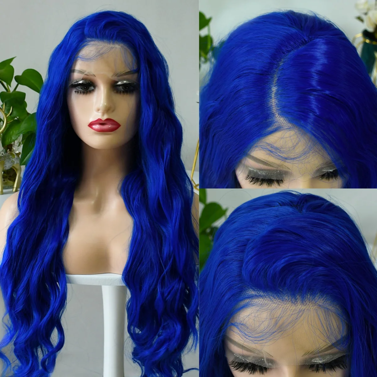 블루 가발 롱 바디 웨이브 레이스 프론탈 가발 합성 13X4 HD 투명 글루리스 고품질 프리 플러킹 코스프레 여성용