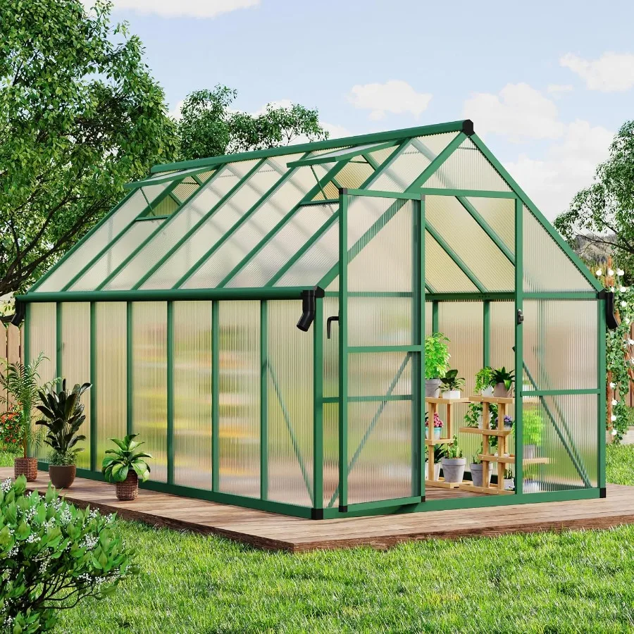 

8x14 FT Outdoor Greenhouse Polycarbonate Greenhouse with Roof Vent and Ground Nails Aluminum Large Walk-in Green House w/Lockab