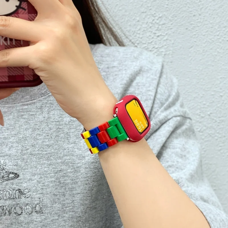 Stylish Candy Color Resin Strap + Silicone Case For Apple Watch 10 Ultra 9 8 7 6 SE Cute Band For iWatch 41mm 46mm 49 45 40 42