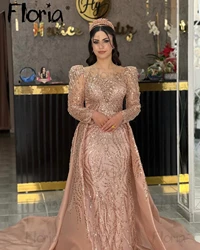 Floria Maßgeschneidertes langärmliges rosa Champagner-Abendkleid mit abnehmbarer Schleppe, Hochzeitskleid für den Nahen Osten, Braut-Abschlussballkleid