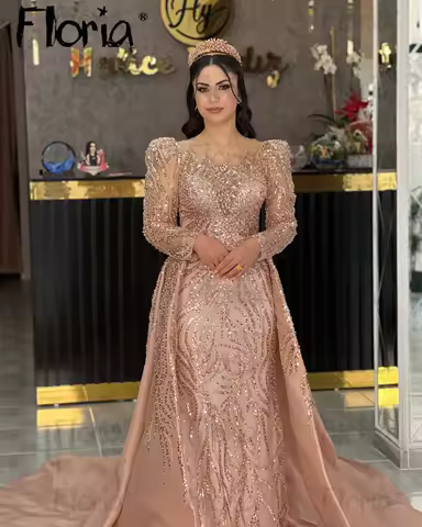 Floria Customized Long Sleeve Pink Champagne Evening Dress With Detachable Train Middle East Wedding Party Gown Bride Prom Dress