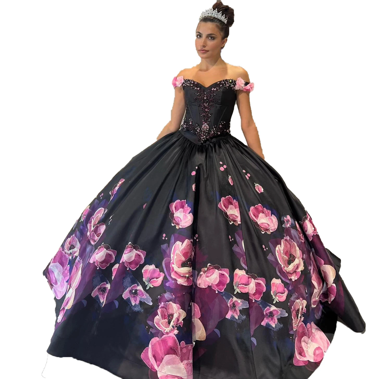 Zwart Roze Quinceanera Jurk 2024 Print Bloemen 3d Bloemen Charro Mexicaanse Kweepeer Zoete 15/16 Verjaardagsfeestjurk Voor 15e Meisje