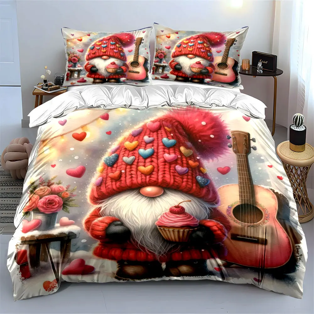 Adorable gnome with cupcake guitar roses in the background Print Duvet Cover Bedding Set Included 1*Duvet Cover 2*Pillowcases