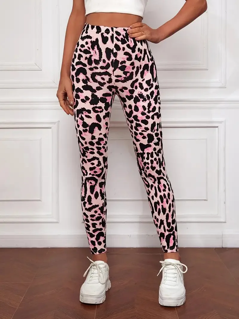 Women\'s Sexy Pink Leopard Print Leggings Long Slim Fitting Fashionable Leggings Outdoor Sports Casual Leggings