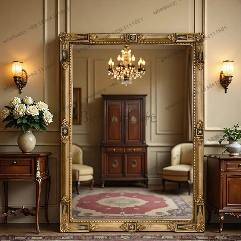 

13French Full-Length Mirror Vintage Style Carved Villa Home Floor Mirror Living Room Cloakroom Full-Length Mirror