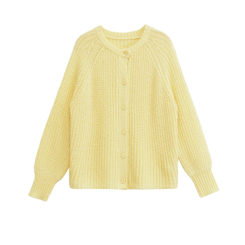 

2025 Women Single Breasted Yellow Knit Cardigan Long Sleeve O Neck Loose Autumn Sweater Coat