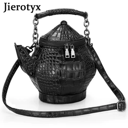 JIEROTYX Vintage Funny Teapot Shaped Handbag Women Crossbody Stone Pattern Leather Single Shoulder Bags Gothic Personality Black