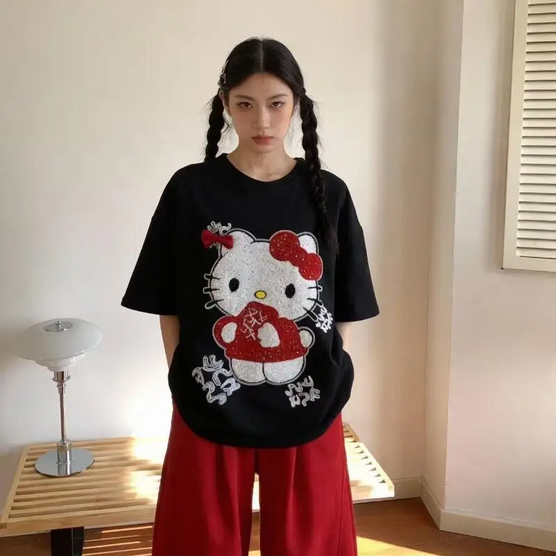 Cute Short-Sleeved Hello Kitty Summer New Style Cartoon Sequined Towel Embroidered T-Shirt for Women Popular Tops Fashionabl view 4