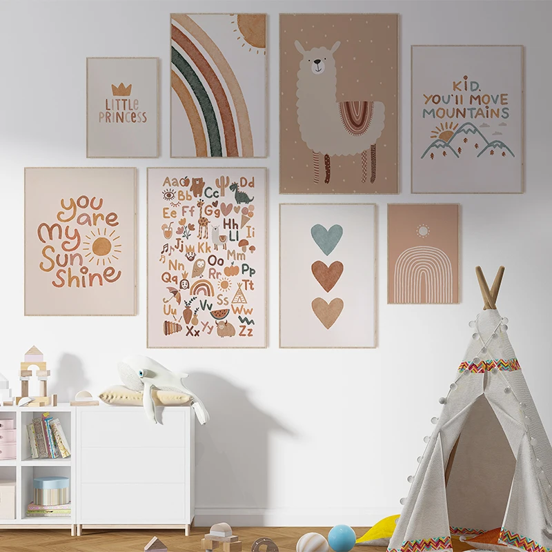 Alfabeto Alpaca Arco Iris Bohemia arte lienzo impresión cartel para cuadros de pared pinturas decorativas niños guardería habitación de bebé