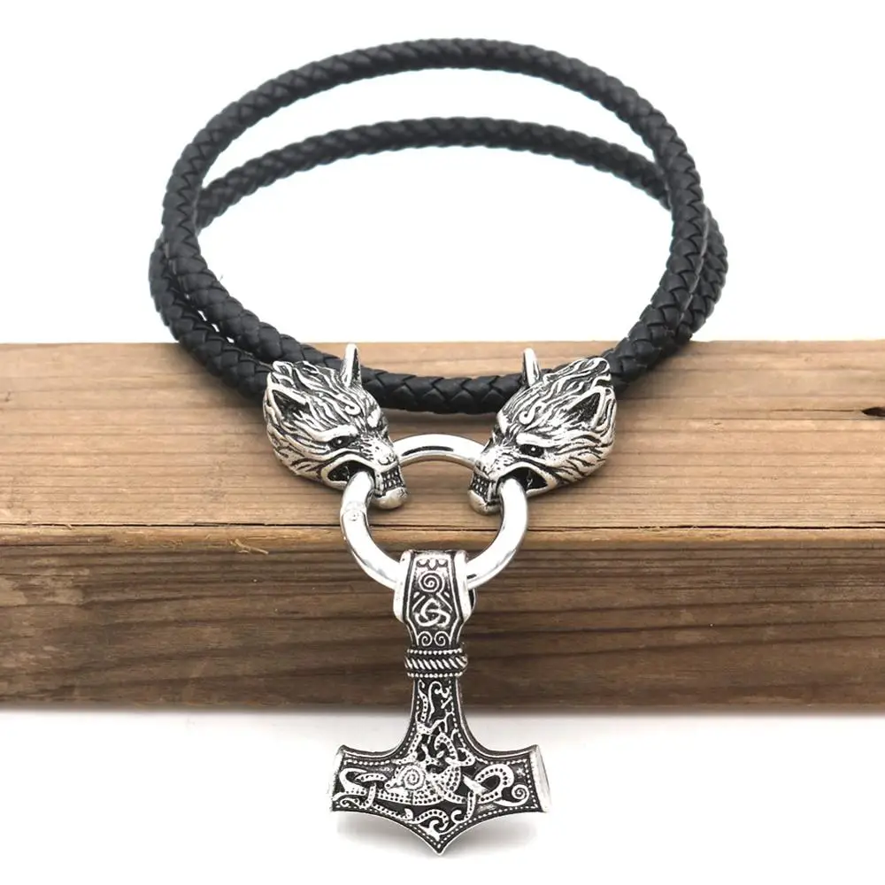 Nordic Viking Raytheon Hammer Pendant Necklace Stainless Steel Wolf Scalp Chain Necklace Viking Jewelry