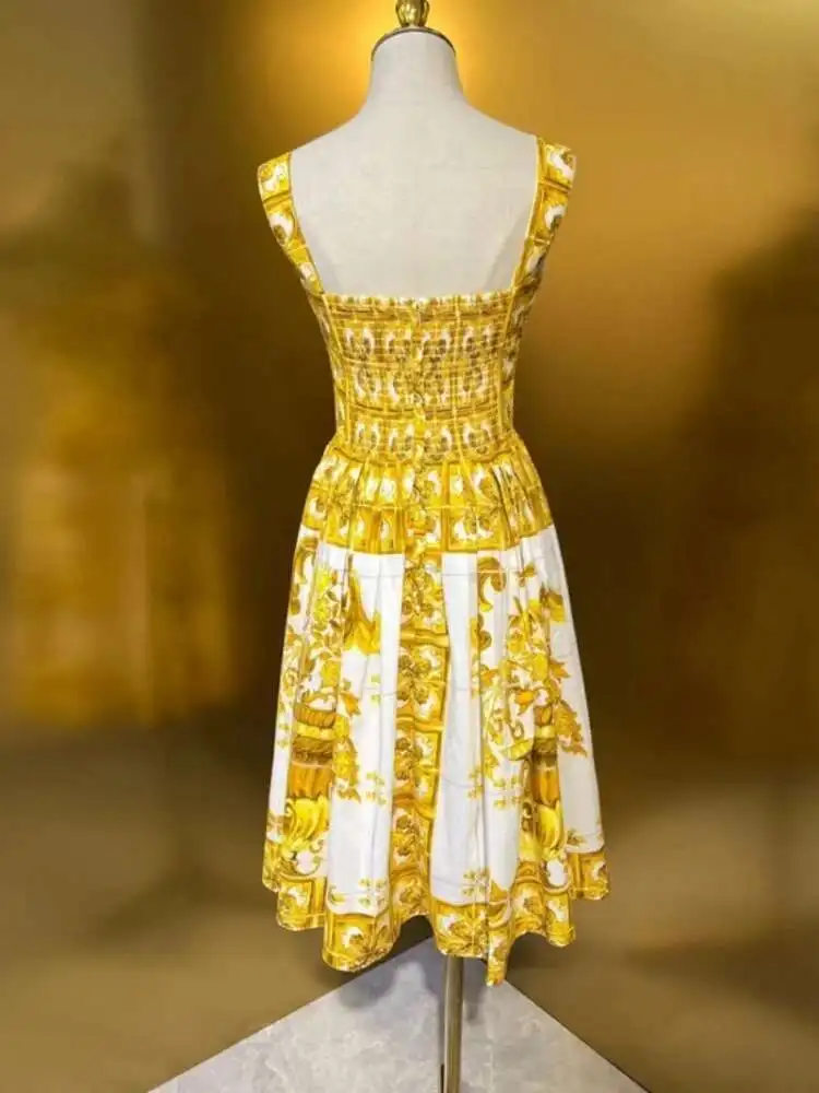 Summer Holiday Yellow Print Midi Beach Dress Women Spaghetti Strap Elastic Backless Red White Porcelain Flower Sundress