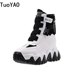 Kobiety Chunky buty jesień skórzane ukryte obcasy kobiety Sneaker wiosna 6cm wysokie obcasy moda czarne buty platforma botki nowe