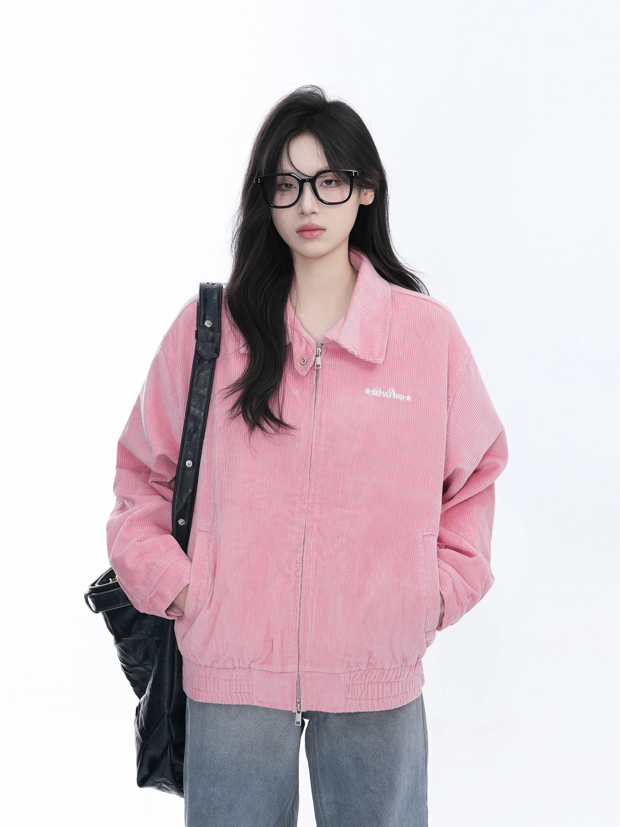 

Retro American Pink Corduroy Jaet Women's Lazy Sle Loose Baseball Coat Zipper Closure Cotton Long Sve Busin Casual
