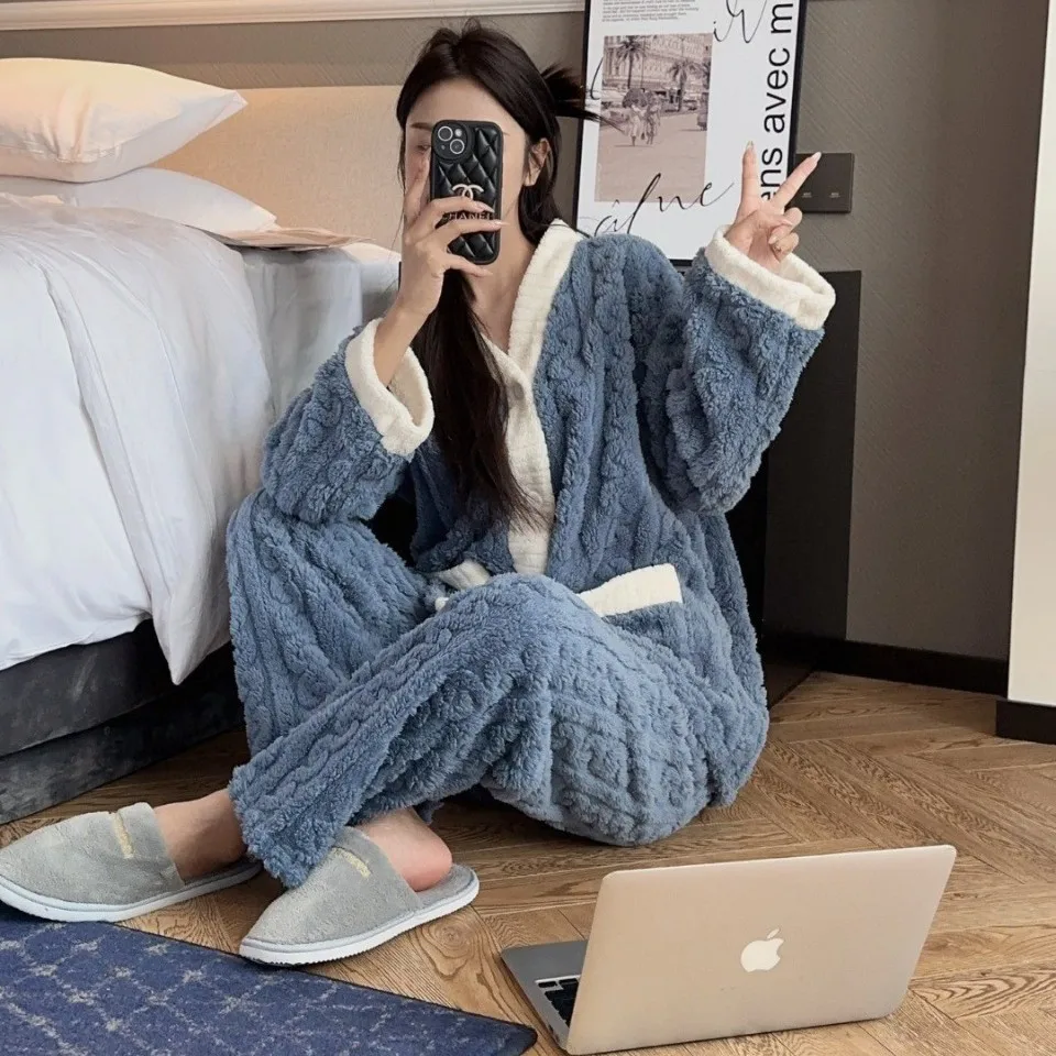 طقم بيجامة نسائي من Pjs بيجامة شتوية دافئة ملابس منزلية عصرية، طقم بيجامة لطيف وناعم سترة سميكة