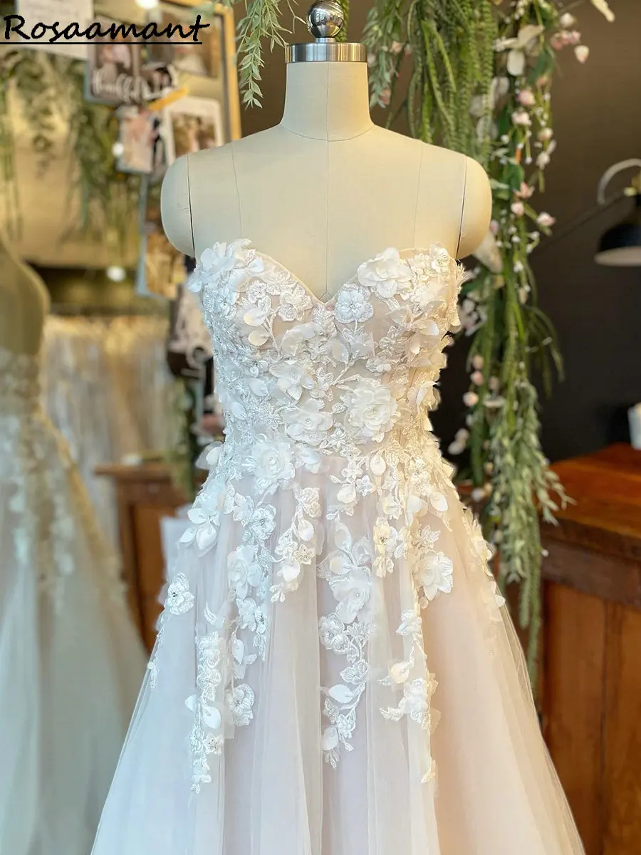 Vestidos de novia sin mangas de encaje con apliques de flores 3D, imagen Real, ilusión de línea A, vestidos de novia bohemios de campo