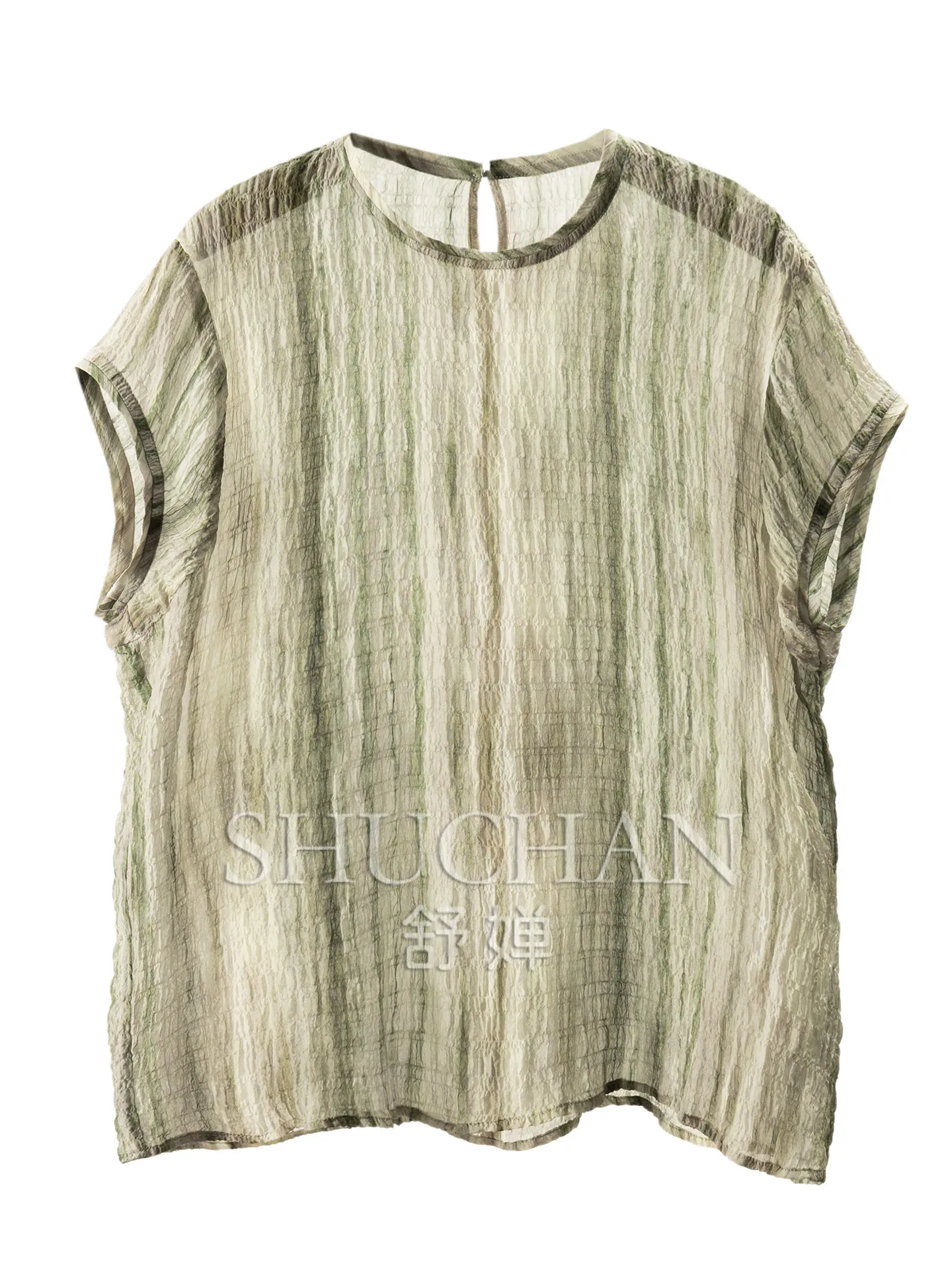 Thin Blouse Summer Loose Vertical Pattern Silk Bubble Crepe Small Flying Sleeve Shirt Women's 62M0
