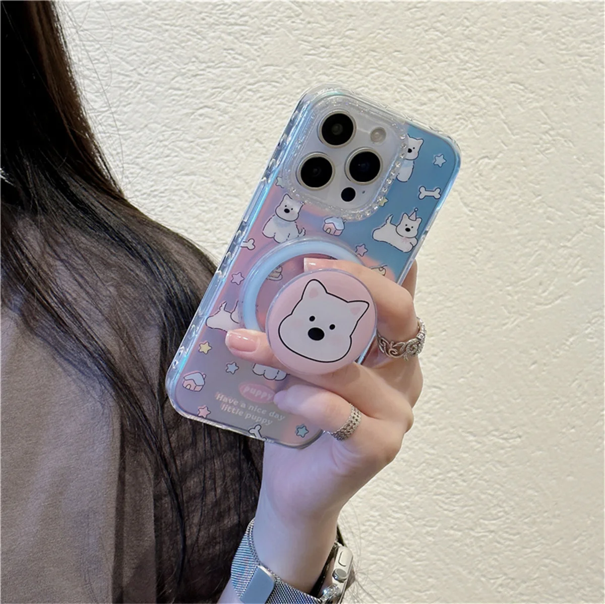 

Fashion Laser Cute Catoon Puppy Magnetic Phone Case For iPhone 16 Pro 15 14 13 Pro Max Cover with Stand Shockproof Cases for Mag