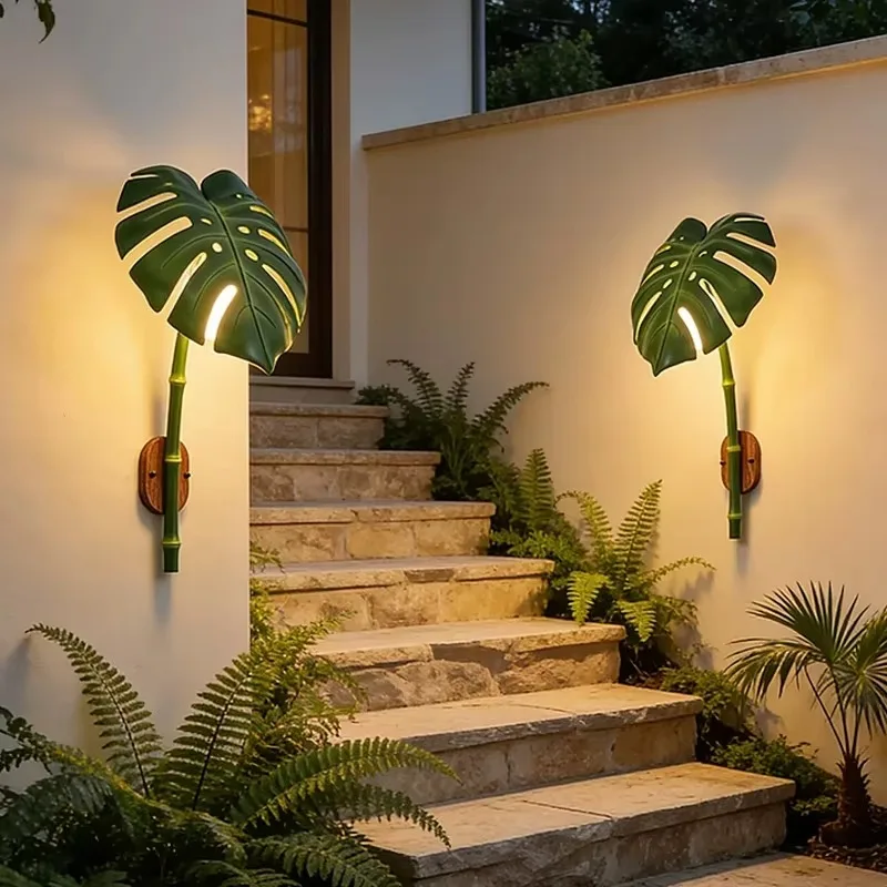 Entrance Garden Terrace Decorative Monstera Wall Lamp Bionic Bamboo-jointed PE Glass Aluminum Outdoor Landscape Light