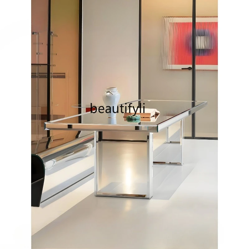 Silver Plated Mirror Glass Dining Table Home Modern Minimalist High-end Sense Rectangular Office Conference Table