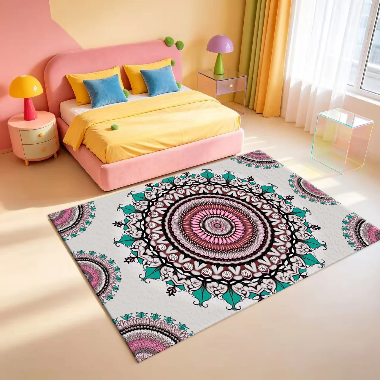 Pink Teal Ornate Mandala Medallion Pattern Carpet Flooring Bohemian Ethnic Style Area Rug For Home Indoor Floor Decor