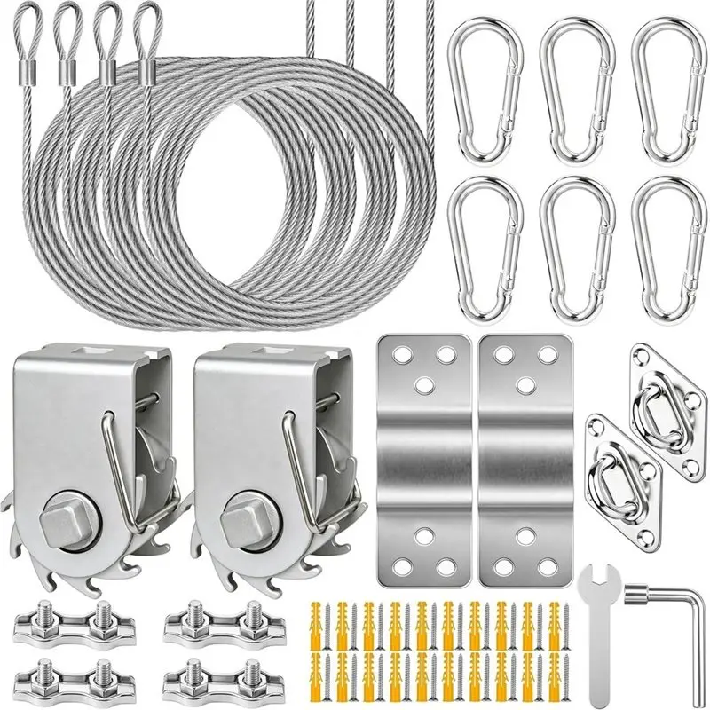 ABLN-60Pcs Sun Shade Sail Hardware Kit,Ratchet Winch With Cable Rope Sun Sail Hardware Kit For Outdoor Patio Canopy Garden